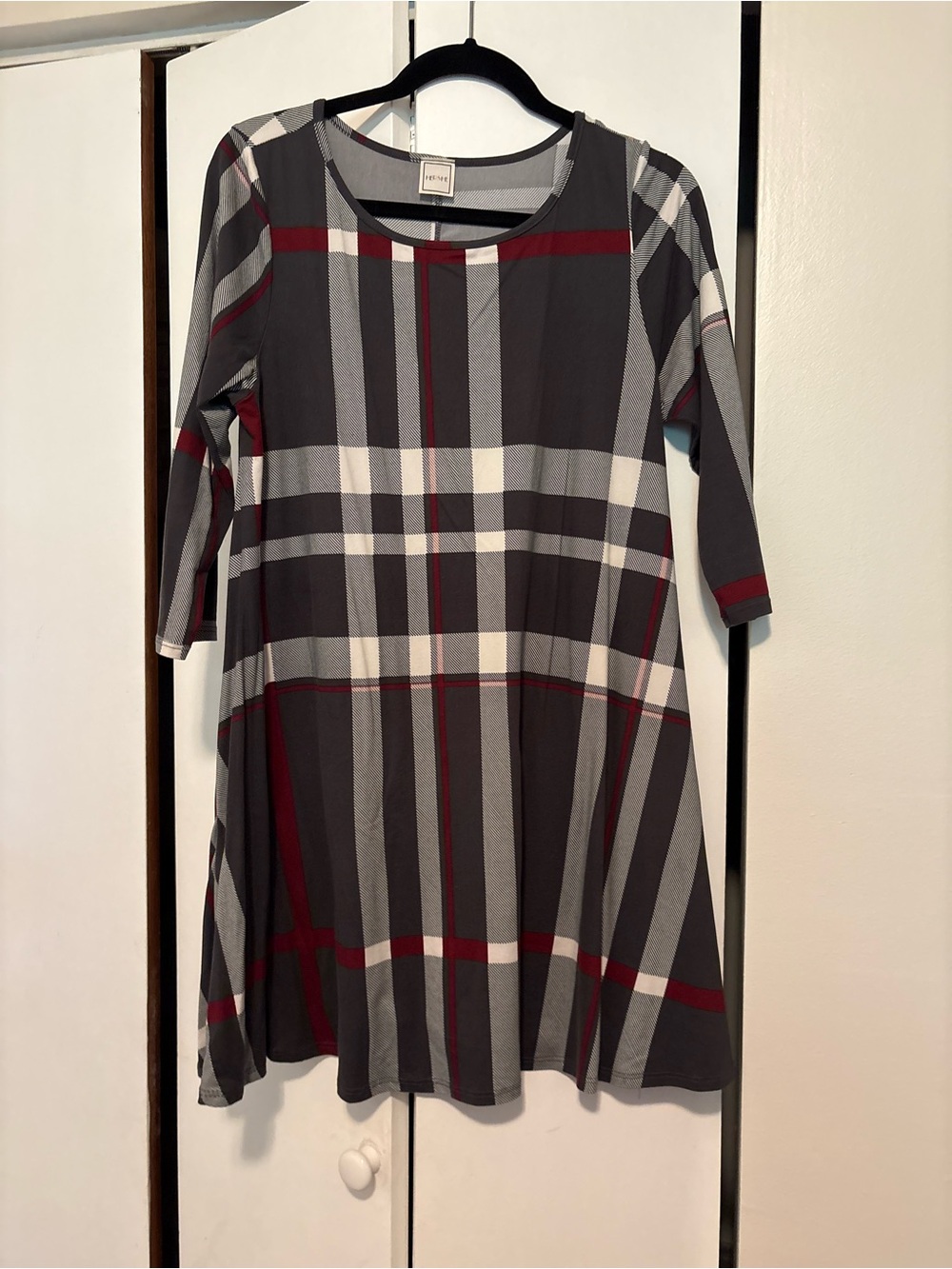 Plaid Swing Dress with Long Sleeves in Gray and Red